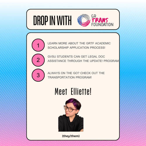 Trans flag color gradient in the background with a cream text box reading "drop in with GRTF!" and showing Elliette's picture with short purple hair and glasses